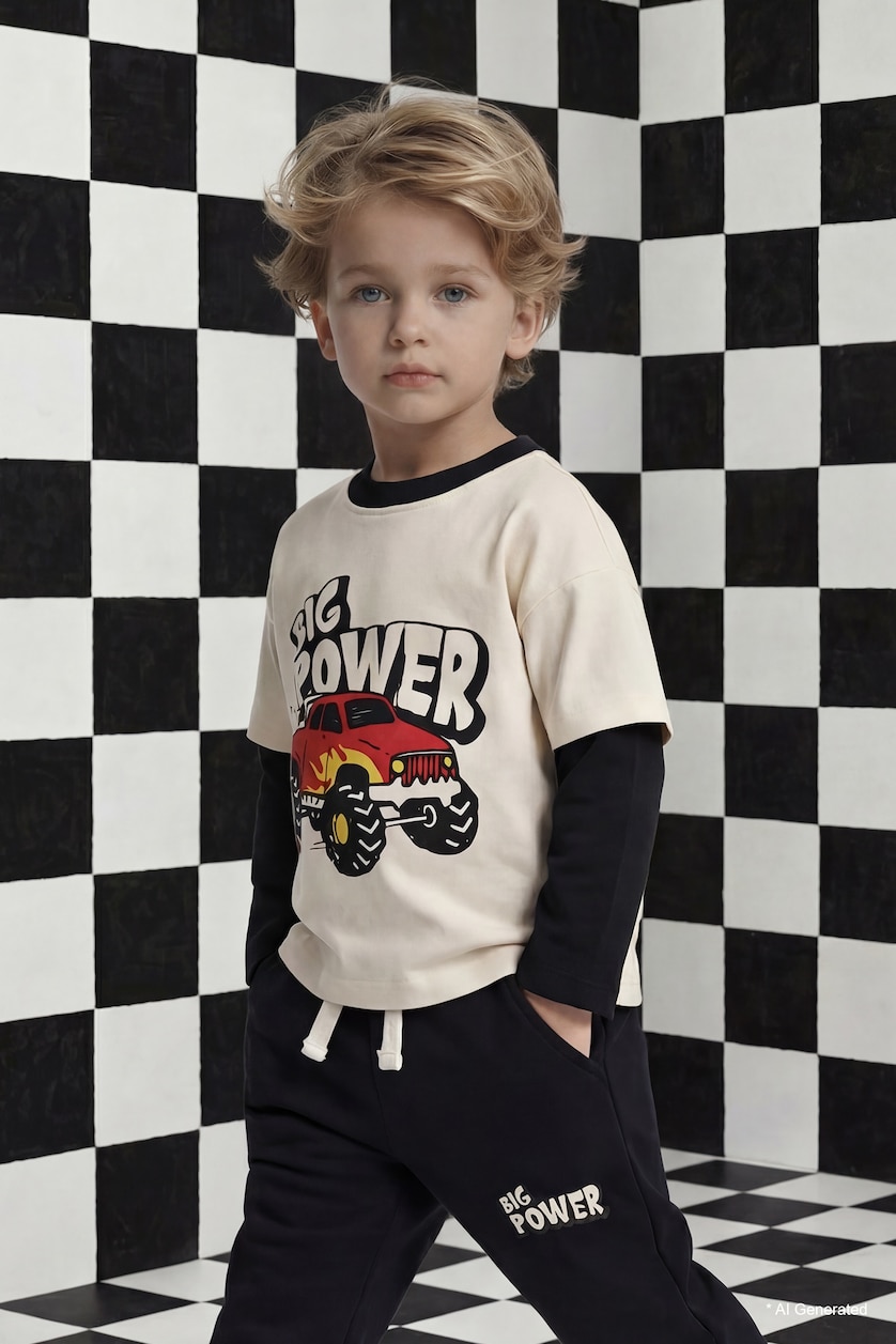 BABY BOY Ecru Boy Oversize Crew Neck Printed T-shirt