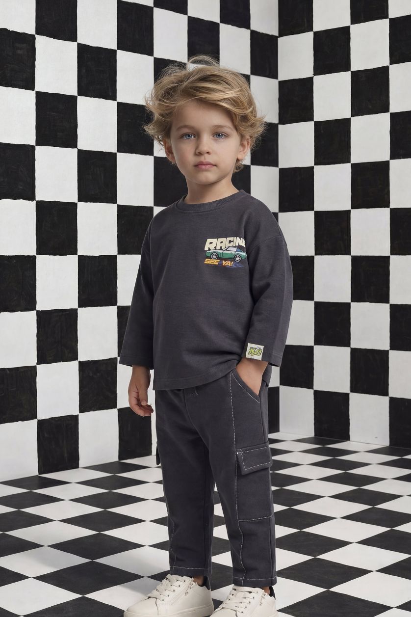 Erkek Bebek Antrasit Oversize Geniş Kalıp Bisiklet Yaka Baskılı Uzun Kollu Tişört Erkek Bebek