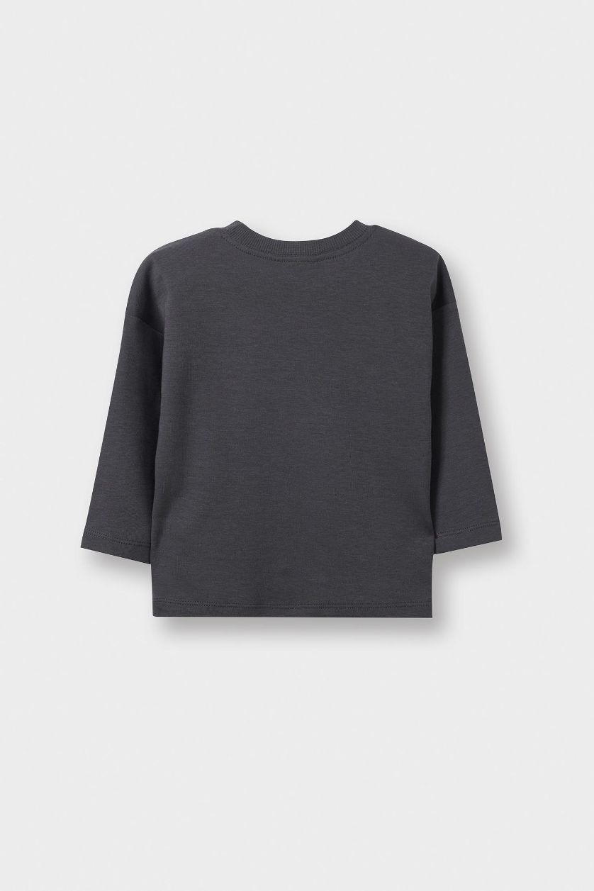 Erkek Bebek Antrasit Oversize Geniş Kalıp Bisiklet Yaka Baskılı Uzun Kollu Tişört Erkek Bebek