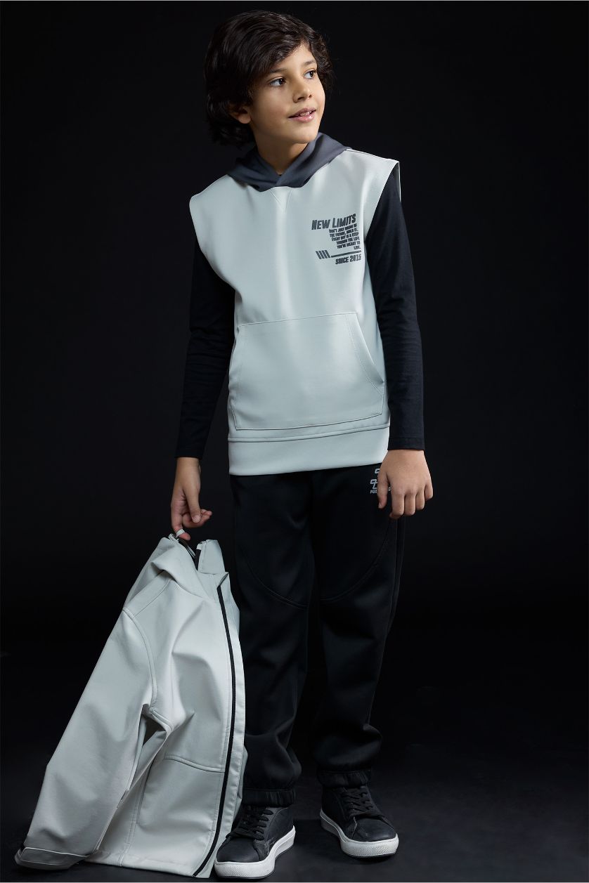 Boys & Teens Light Grey Boy Hooded Printed Scuba Fabric Sweatshirt