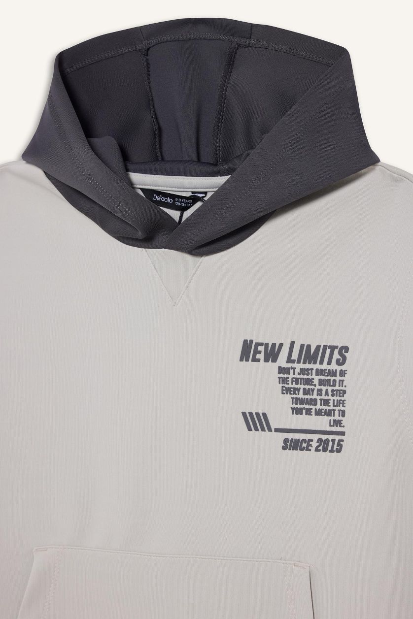 Boys & Teens Light Grey Boy Hooded Printed Scuba Fabric Sweatshirt