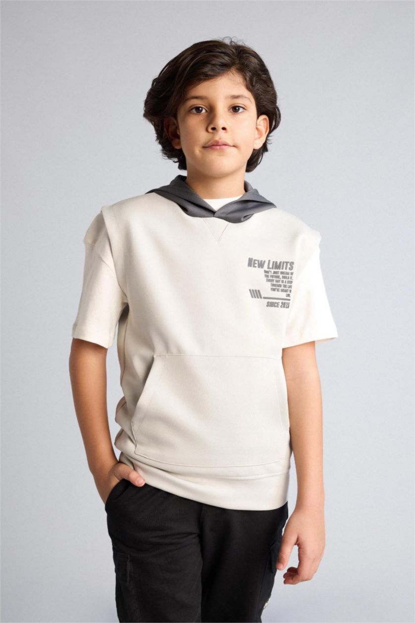 Boys & Teens Light Grey Boy Printed Scuba Fabric Hoodie