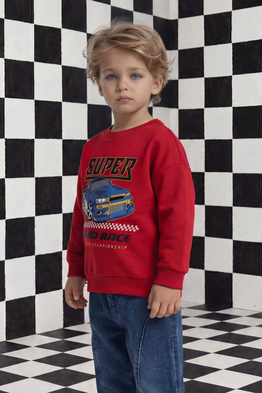 Erkek Bebek Kırmızı Bisiklet Yaka Baskılı Sweatshirt Erkek Bebek