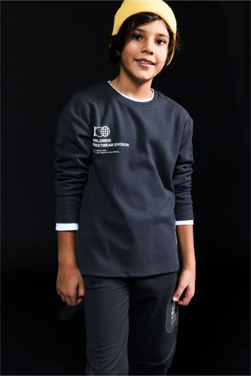 Erkek Çocuk - Genç Erkek Siyah Bisiklet Yaka Baskılı Uzun Kollu Tişört Erkek Çocuk