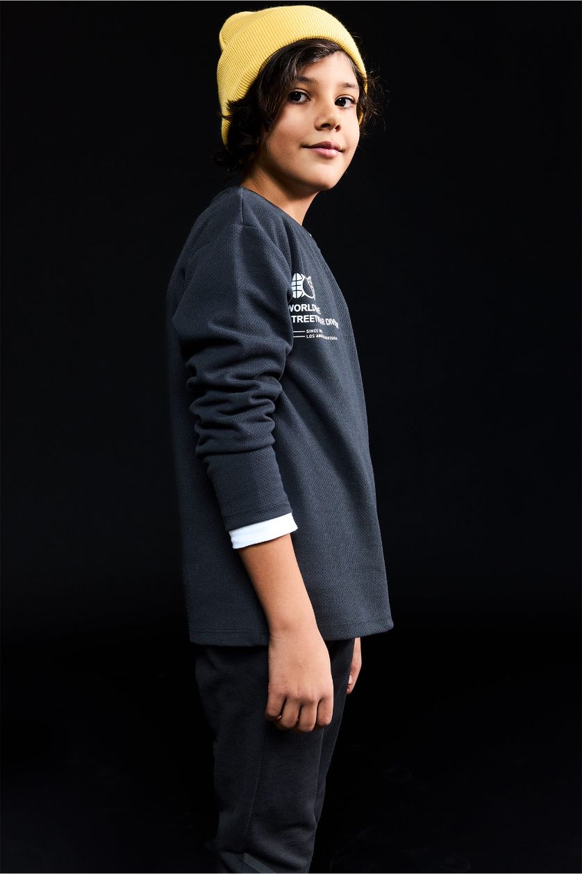 Erkek Çocuk - Genç Erkek Siyah Bisiklet Yaka Baskılı Uzun Kollu Tişört Erkek Çocuk