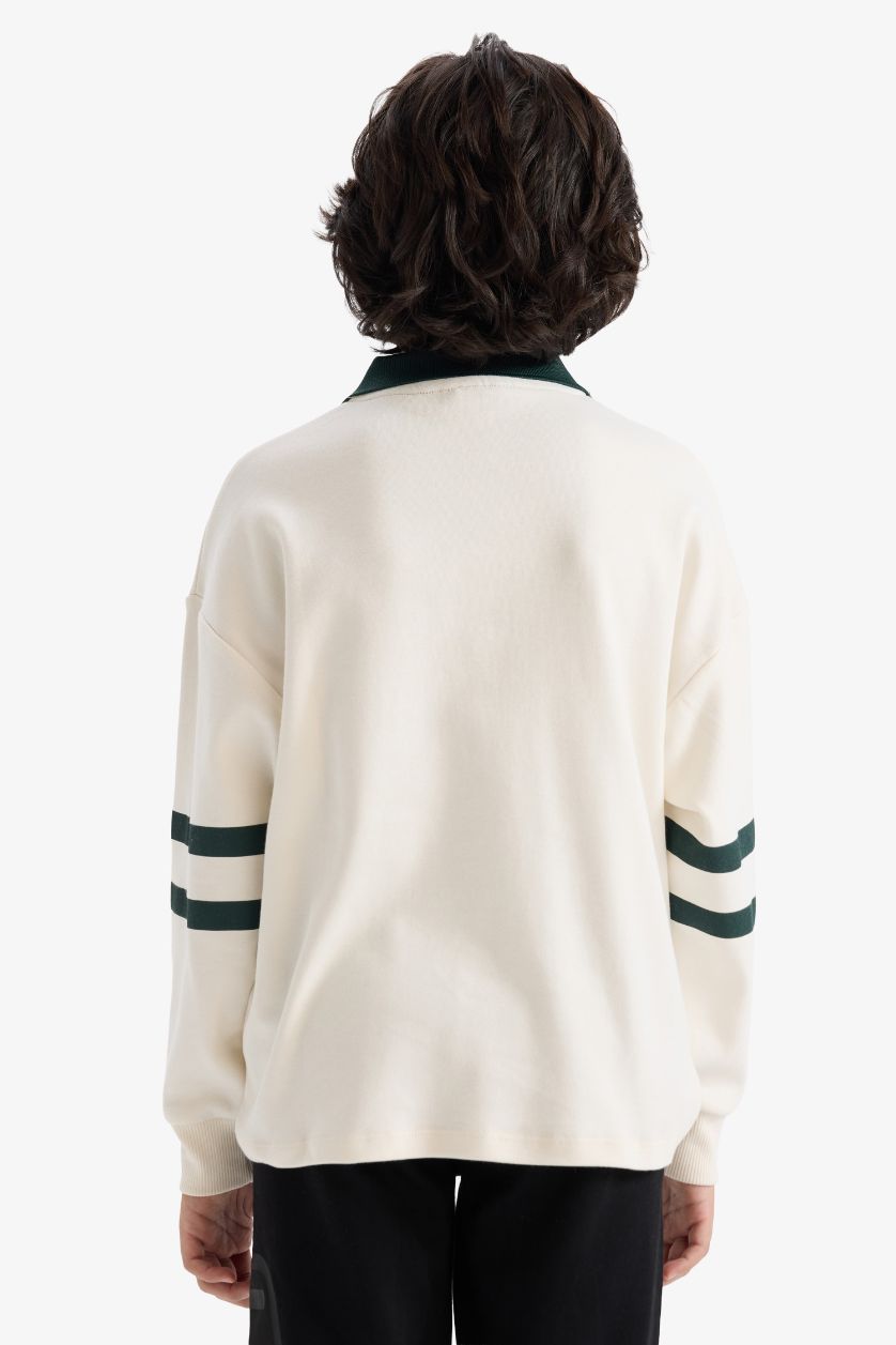 Erkek Çocuk - Genç Erkek Ekru Oversize Geniş Kalıp Polo Yaka Baskılı Uzun Kollu Tişört Erkek Çocuk