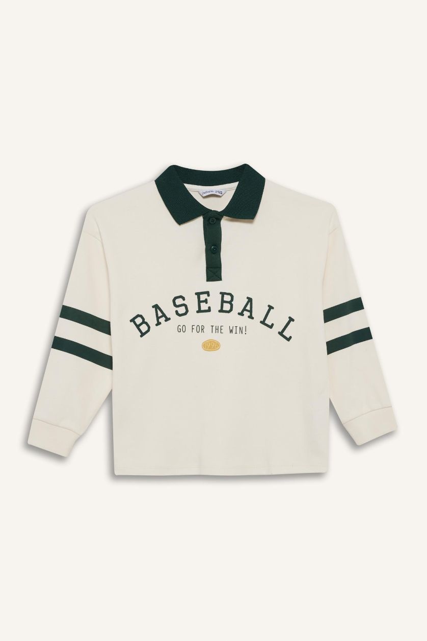 Erkek Çocuk - Genç Erkek Ekru Oversize Geniş Kalıp Polo Yaka Baskılı Uzun Kollu Tişört Erkek Çocuk