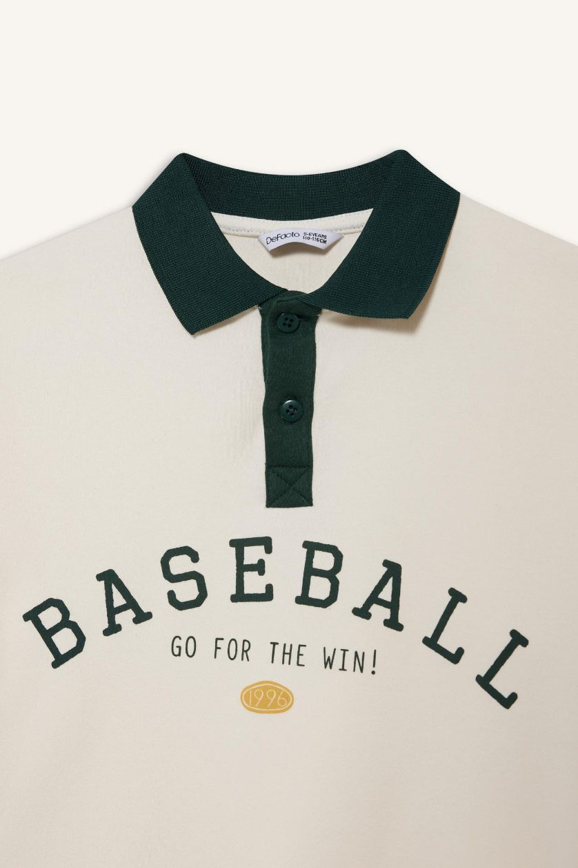 Erkek Çocuk - Genç Erkek Ekru Oversize Geniş Kalıp Polo Yaka Baskılı Uzun Kollu Tişört Erkek Çocuk