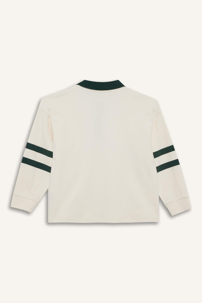 Erkek Çocuk - Genç Erkek Ekru Oversize Geniş Kalıp Polo Yaka Baskılı Uzun Kollu Tişört Erkek Çocuk