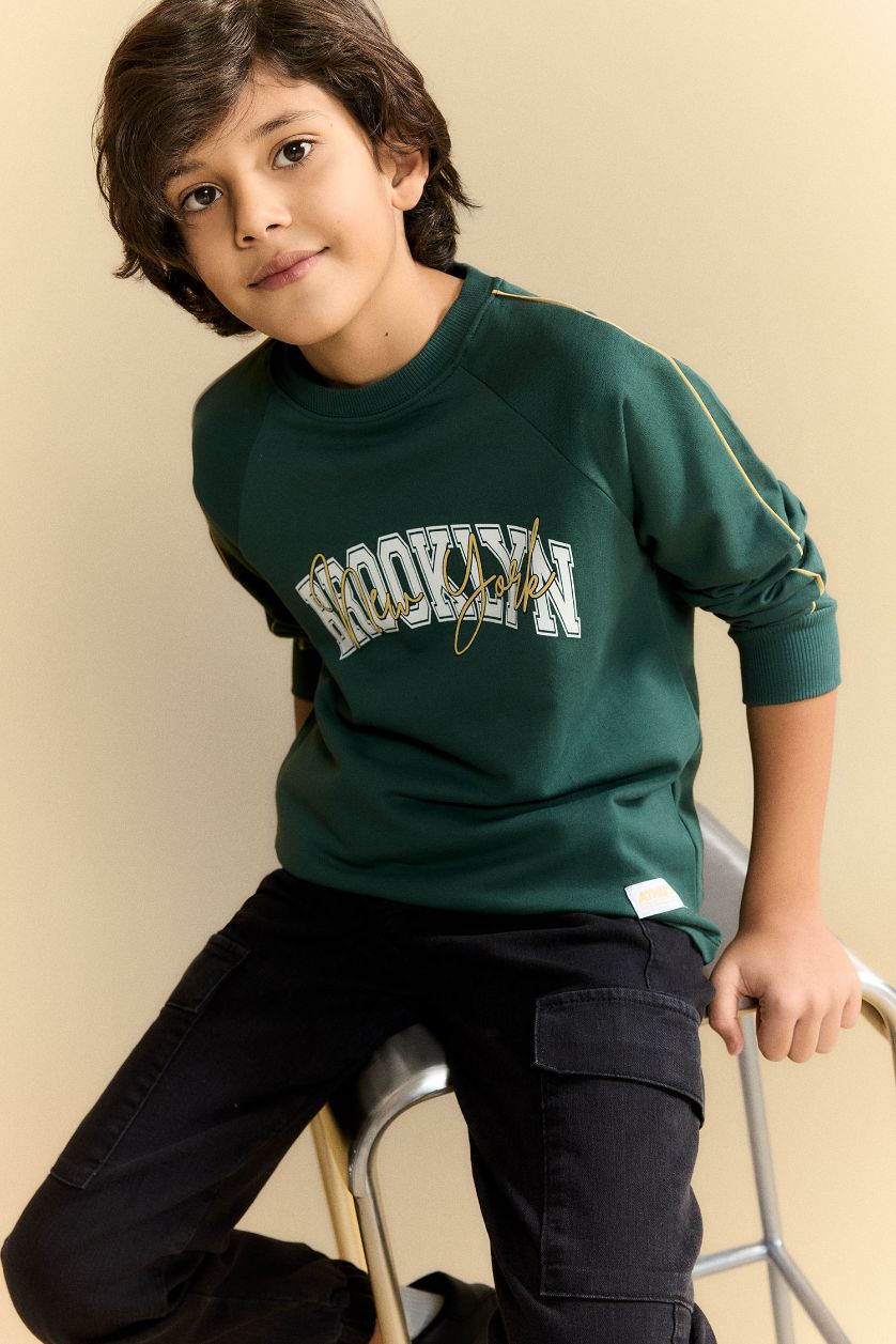 أولادي أخضر غامق تيشيرت اولادي كم طويل قماش خفيف اوفر سايز