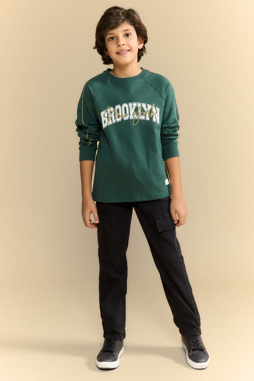 أولادي أخضر غامق تيشيرت اولادي كم طويل قماش خفيف اوفر سايز