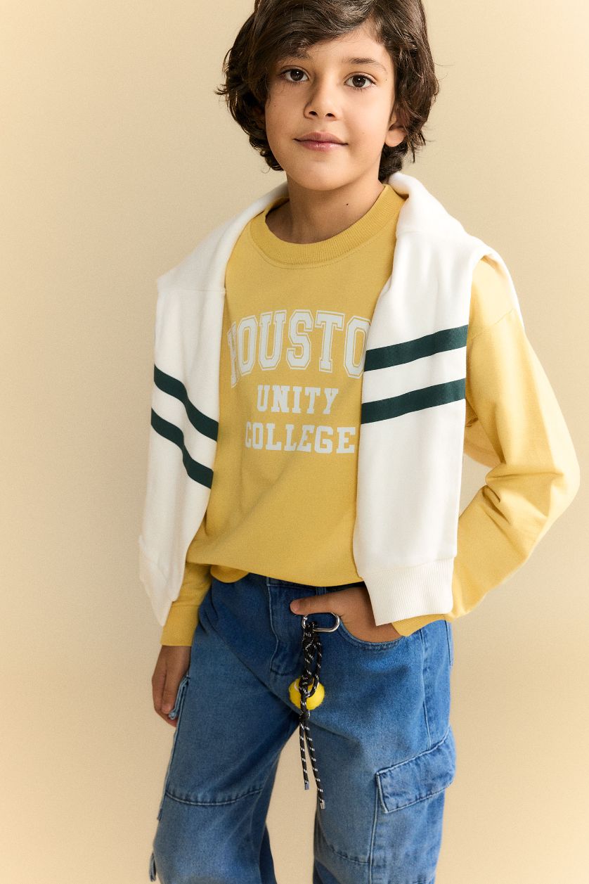 Erkek Çocuk - Genç Erkek Hardal Oversize Geniş Kalıp Baskılı Sweatshirt Erkek Çocuk