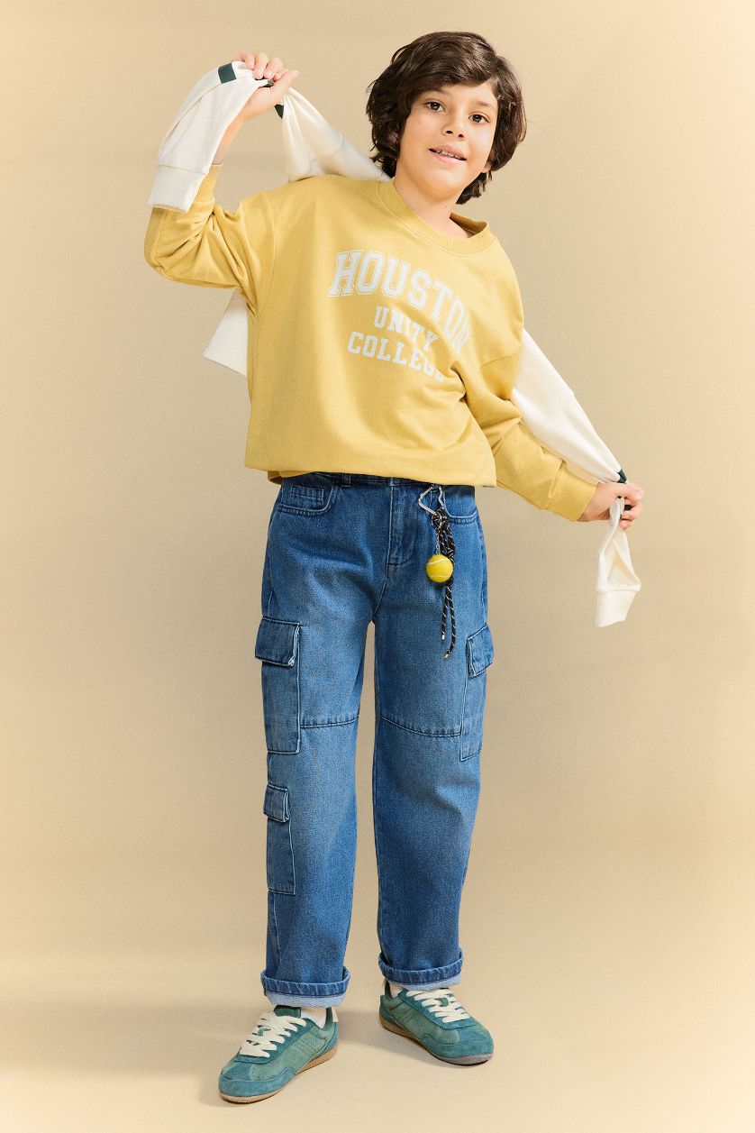 Erkek Çocuk - Genç Erkek Hardal Oversize Geniş Kalıp Baskılı Sweatshirt Erkek Çocuk