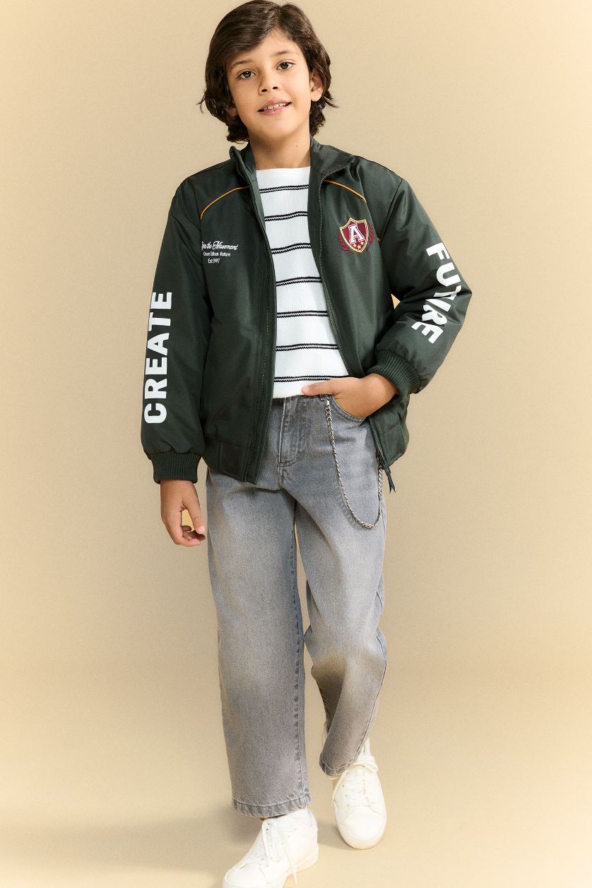 BOYS & TEENS Dark Green Boy Zippered Taffeta Jacket