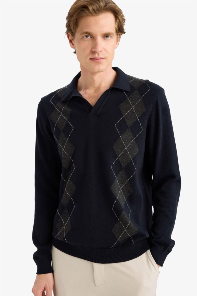 رجال كحلي بلوز صوف تريكو قصة عادية منقوش