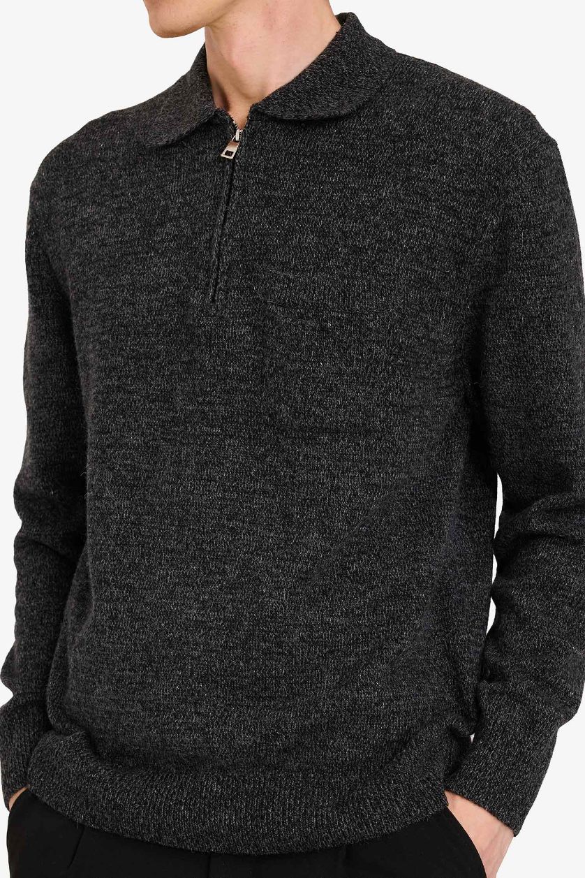 Erkek Antasit Melanj Standart Fit Yarım Fermuarlı Triko Kazak