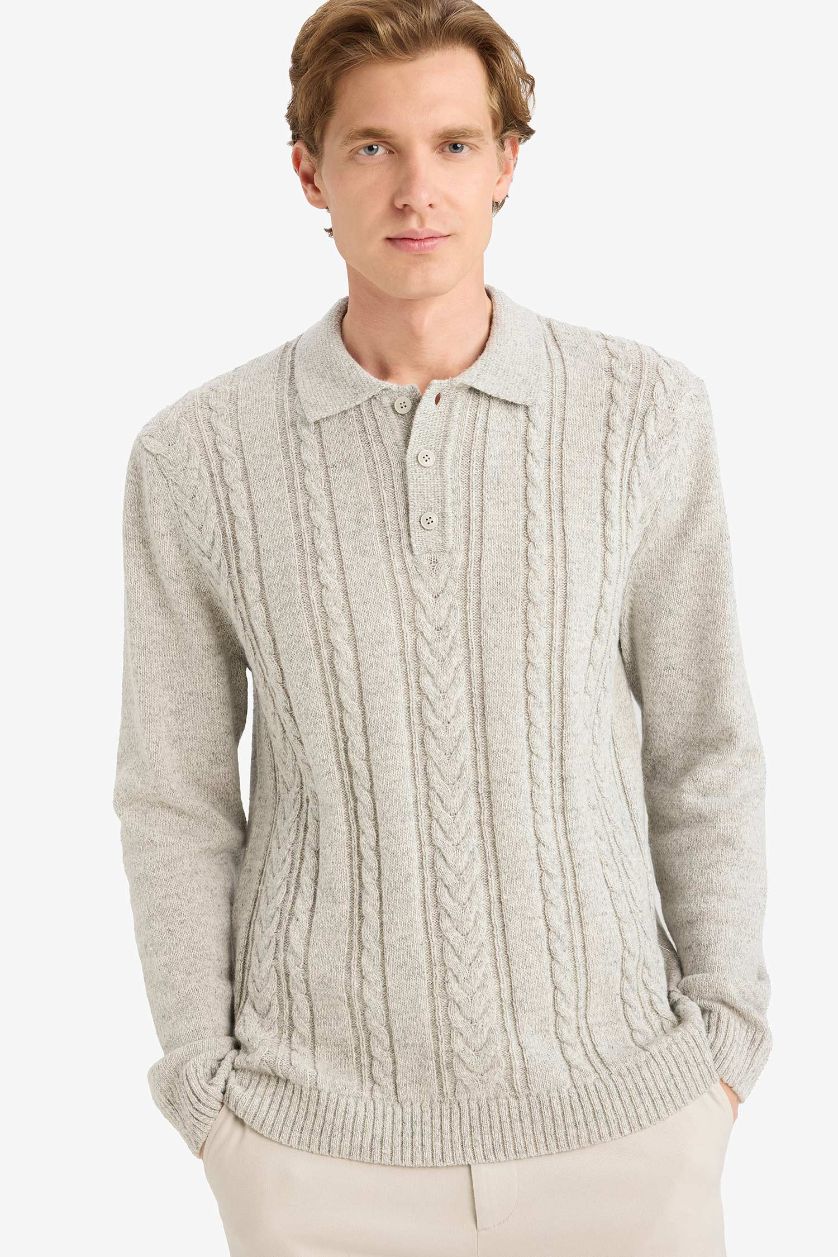 MAN Grey Melange Standard Fit Polo Collar Knitwear Pullover