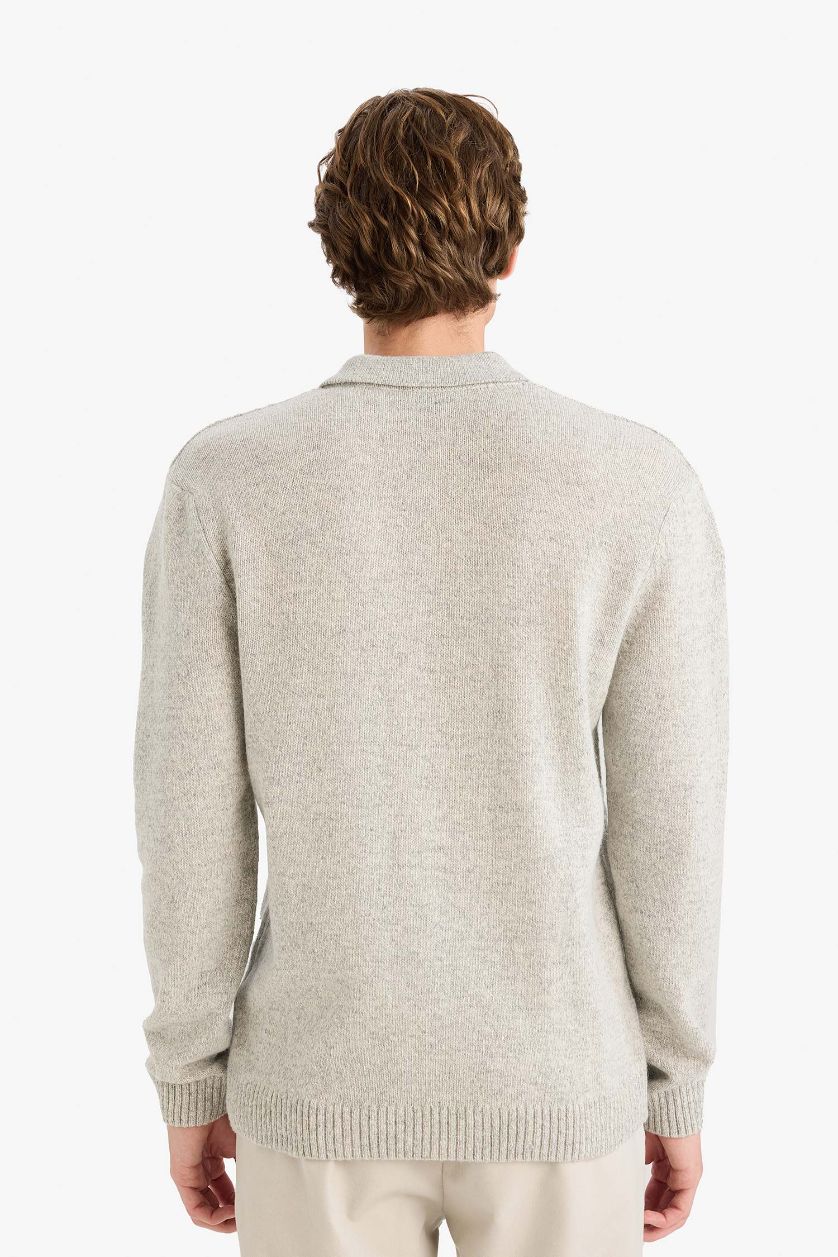 MAN Grey Melange Standard Fit Polo Collar Knitwear Pullover