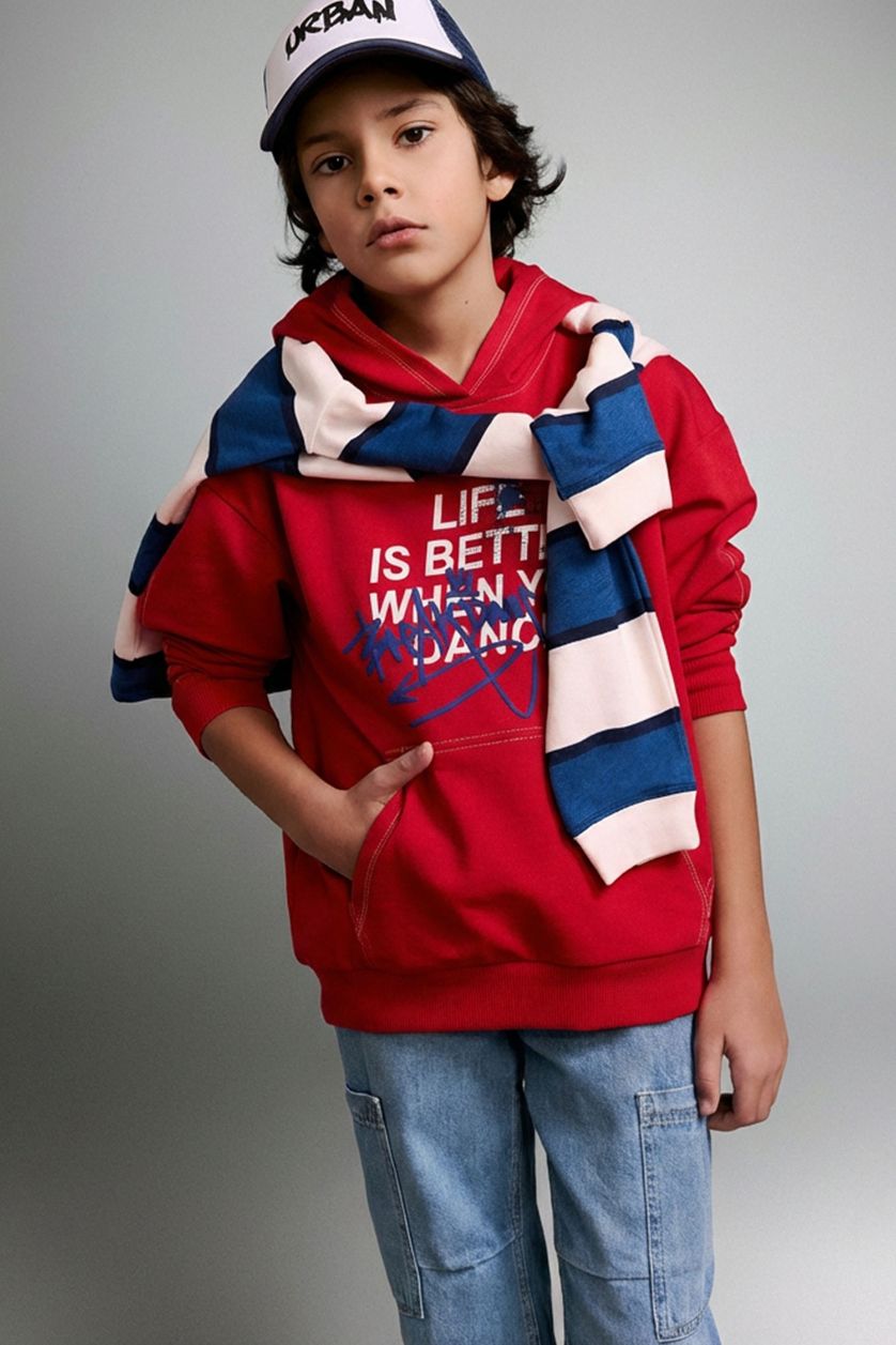 Erkek Çocuk - Genç Erkek Kırmızı Oversize Geniş Kalıp Kapüşonlu Baskılı Sweatshirt Erkek Çocuk