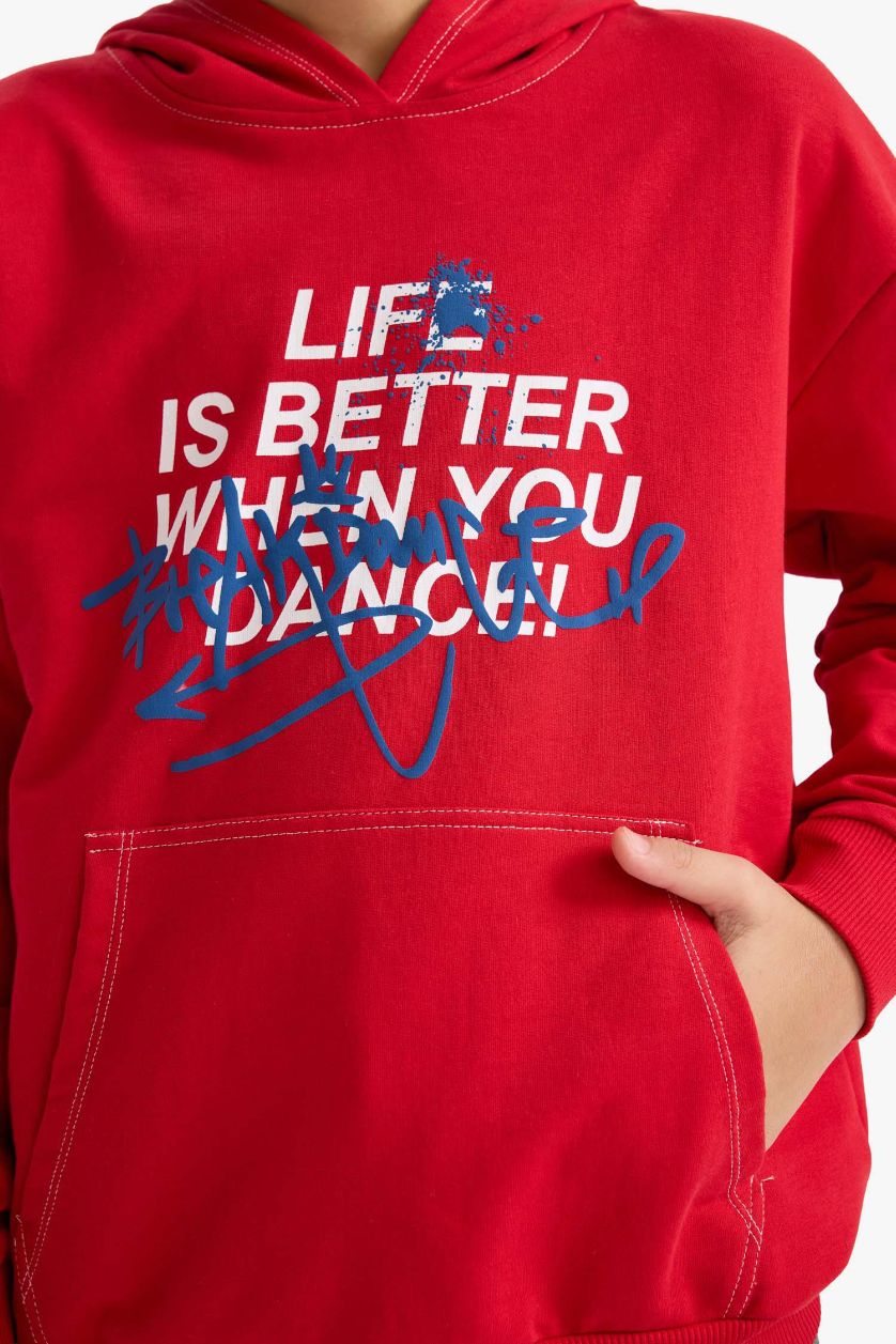 Erkek Çocuk - Genç Erkek Kırmızı Oversize Geniş Kalıp Kapüşonlu Baskılı Sweatshirt Erkek Çocuk