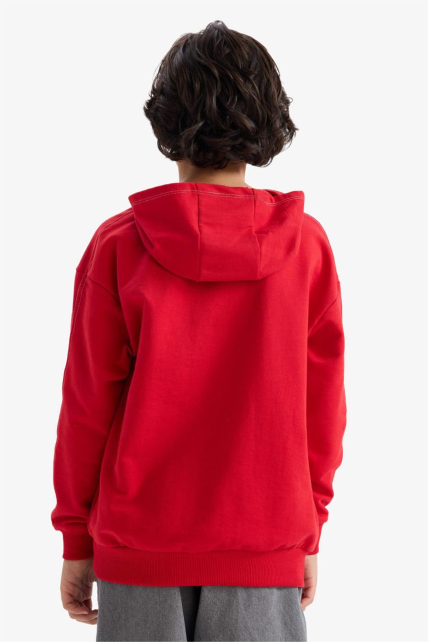 Erkek Çocuk - Genç Erkek Kırmızı Oversize Geniş Kalıp Kapüşonlu Baskılı Sweatshirt Erkek Çocuk