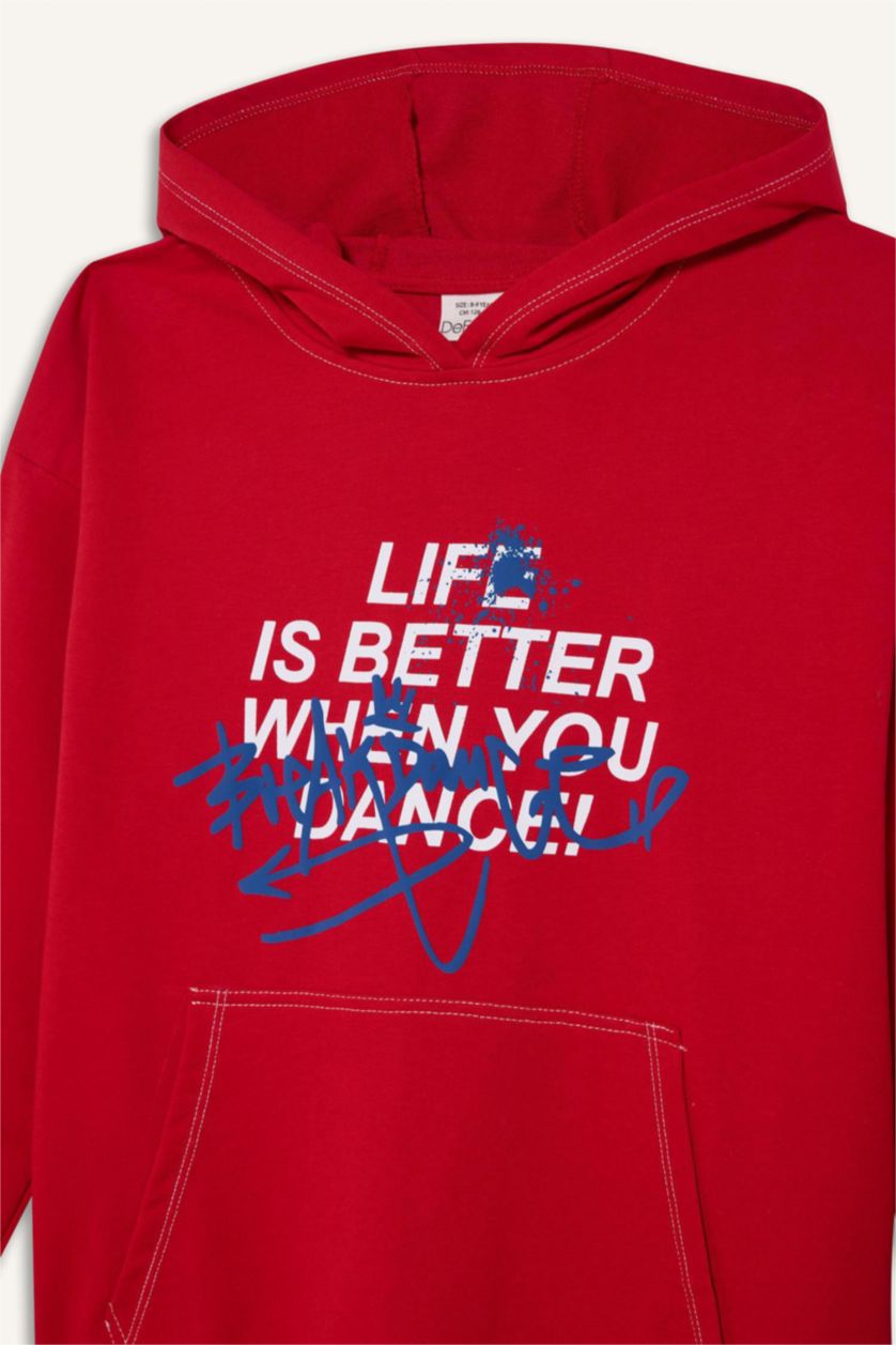 Erkek Çocuk - Genç Erkek Kırmızı Oversize Geniş Kalıp Kapüşonlu Baskılı Sweatshirt Erkek Çocuk