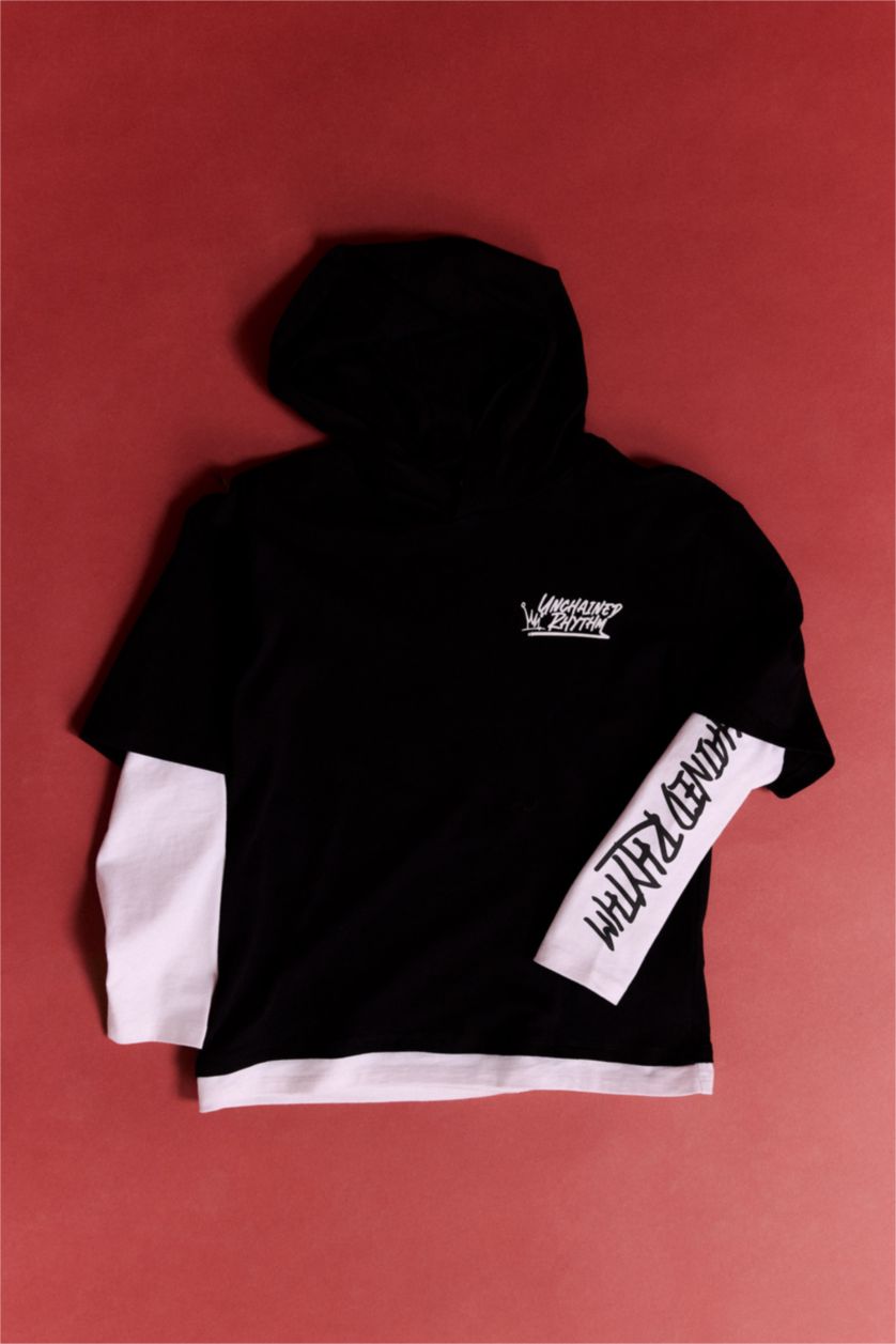 أولاد أسود تيشيرت ولادي ردن طويل قصة عادية بغطاء للرأس