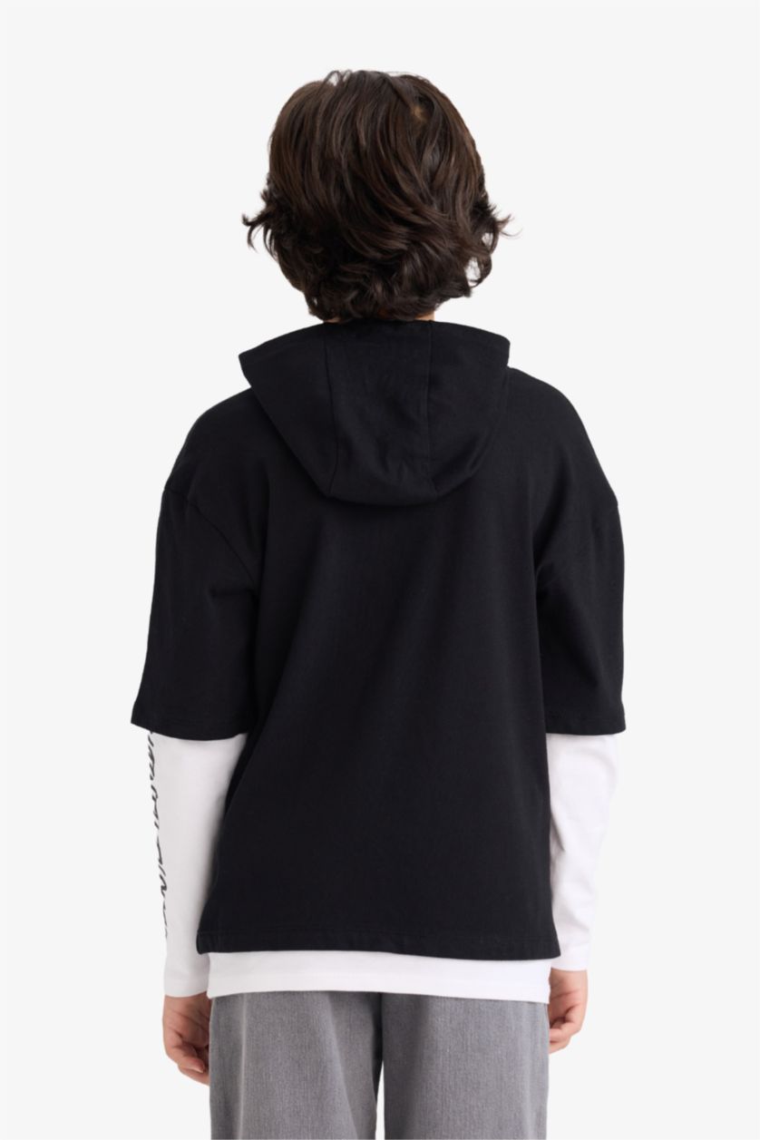 أولاد أسود تيشيرت ولادي ردن طويل قصة عادية بغطاء للرأس