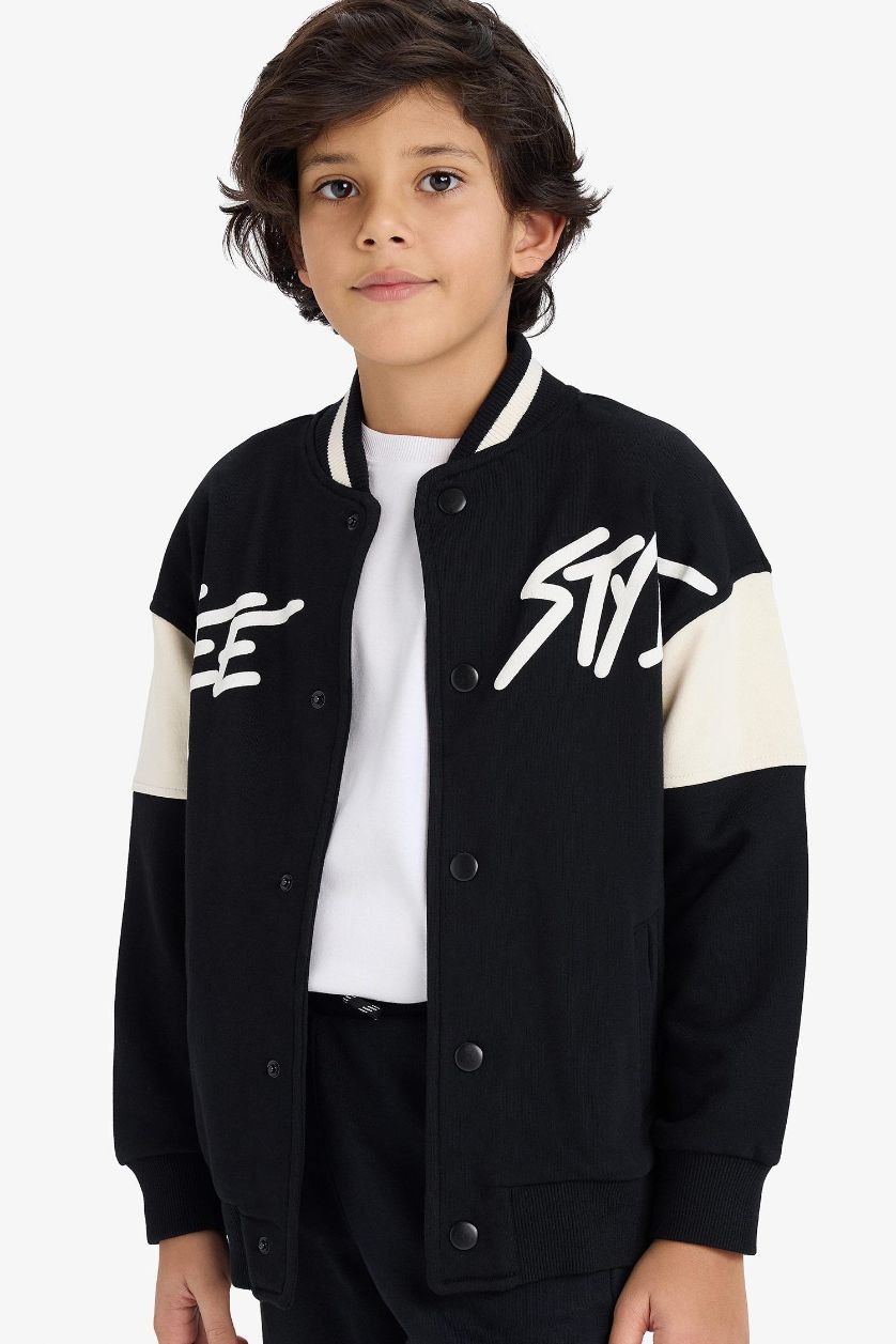 Erkek Çocuk - Genç Erkek Siyah Baskılı Kolej Yaka Bomber Hırka Erkek Çocuk
