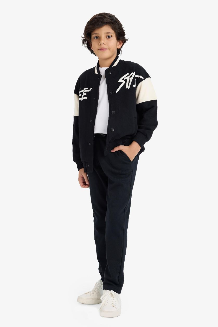 Erkek Çocuk - Genç Erkek Siyah Baskılı Kolej Yaka Bomber Hırka Erkek Çocuk