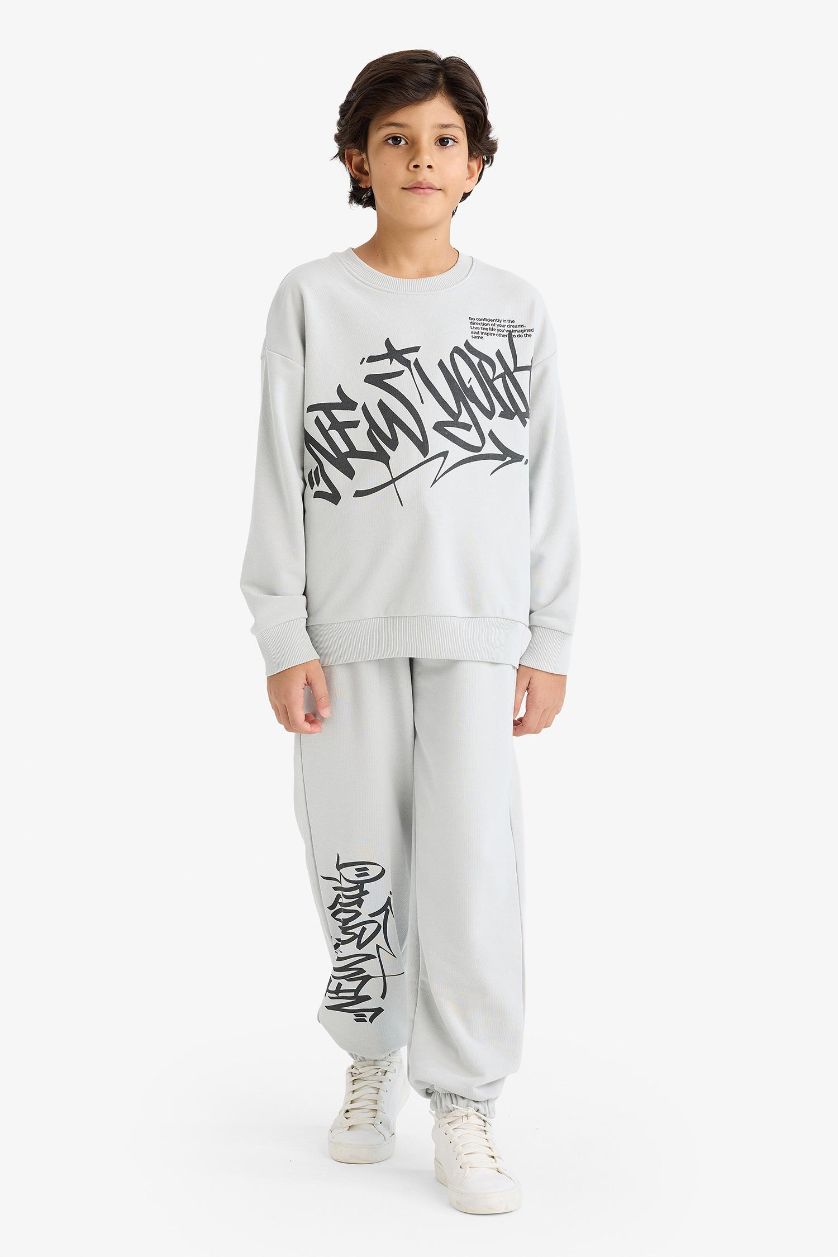 Erkek Çocuk - Genç Erkek Açık Gri 2'li Takım Baskılı Sweatshirt Eşofman Altı Erkek Çocuk