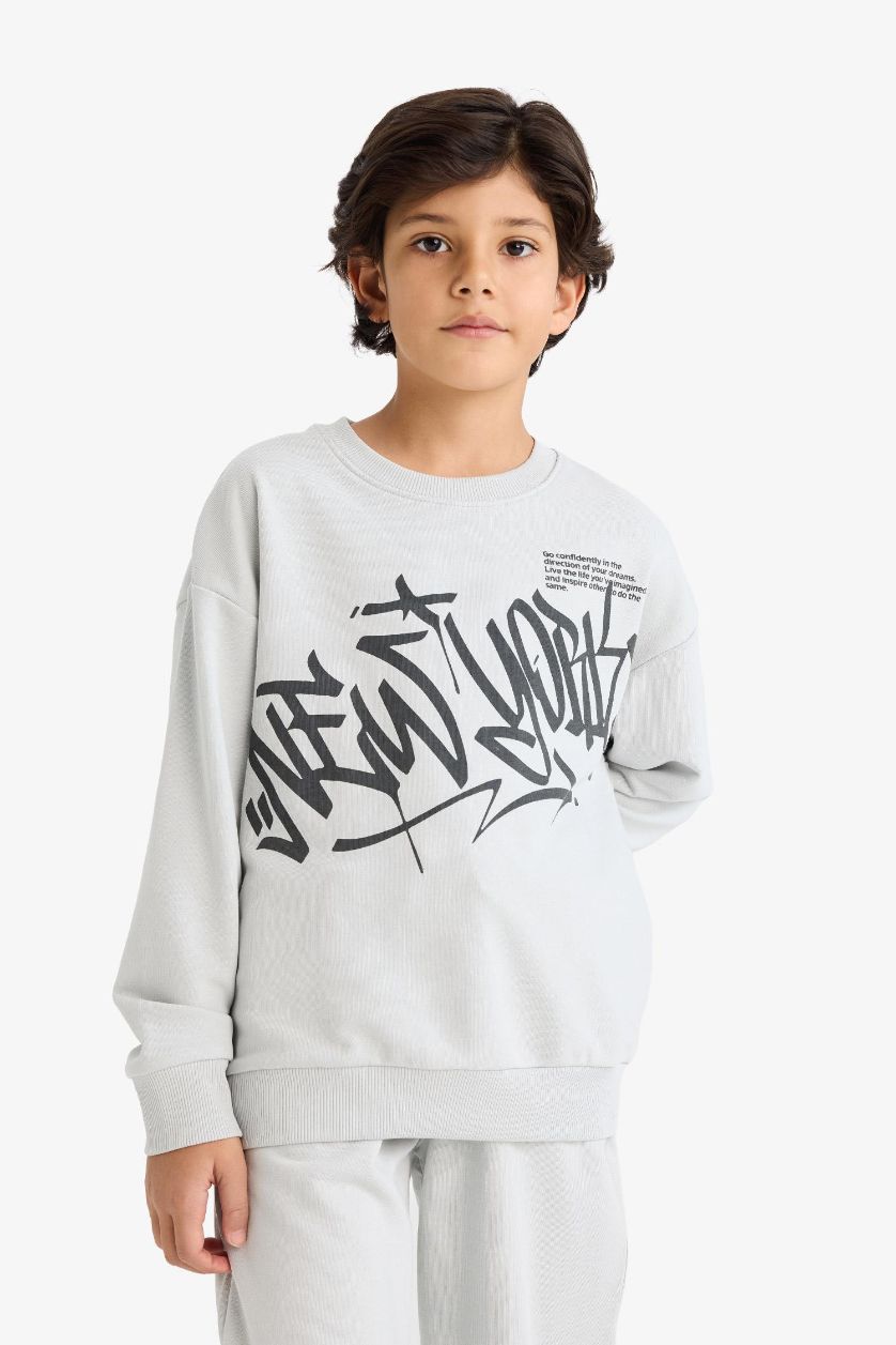 Erkek Çocuk - Genç Erkek Açık Gri 2'li Takım Baskılı Sweatshirt Eşofman Altı Erkek Çocuk