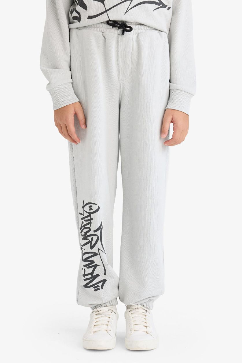 Erkek Çocuk - Genç Erkek Açık Gri 2'li Takım Baskılı Sweatshirt Eşofman Altı Erkek Çocuk