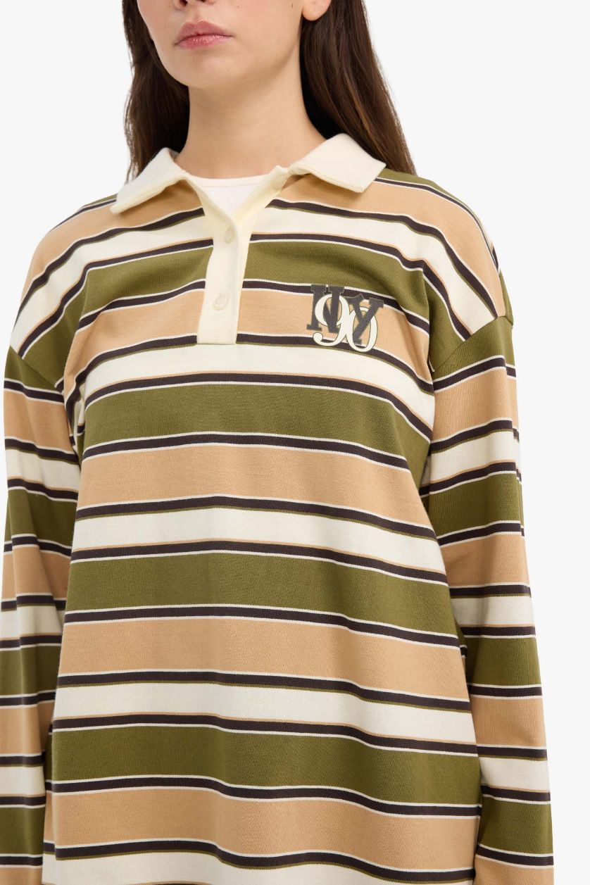 Kadın Yeşil %100 Pamuk Oversıze Polo Yaka Sweatshirt