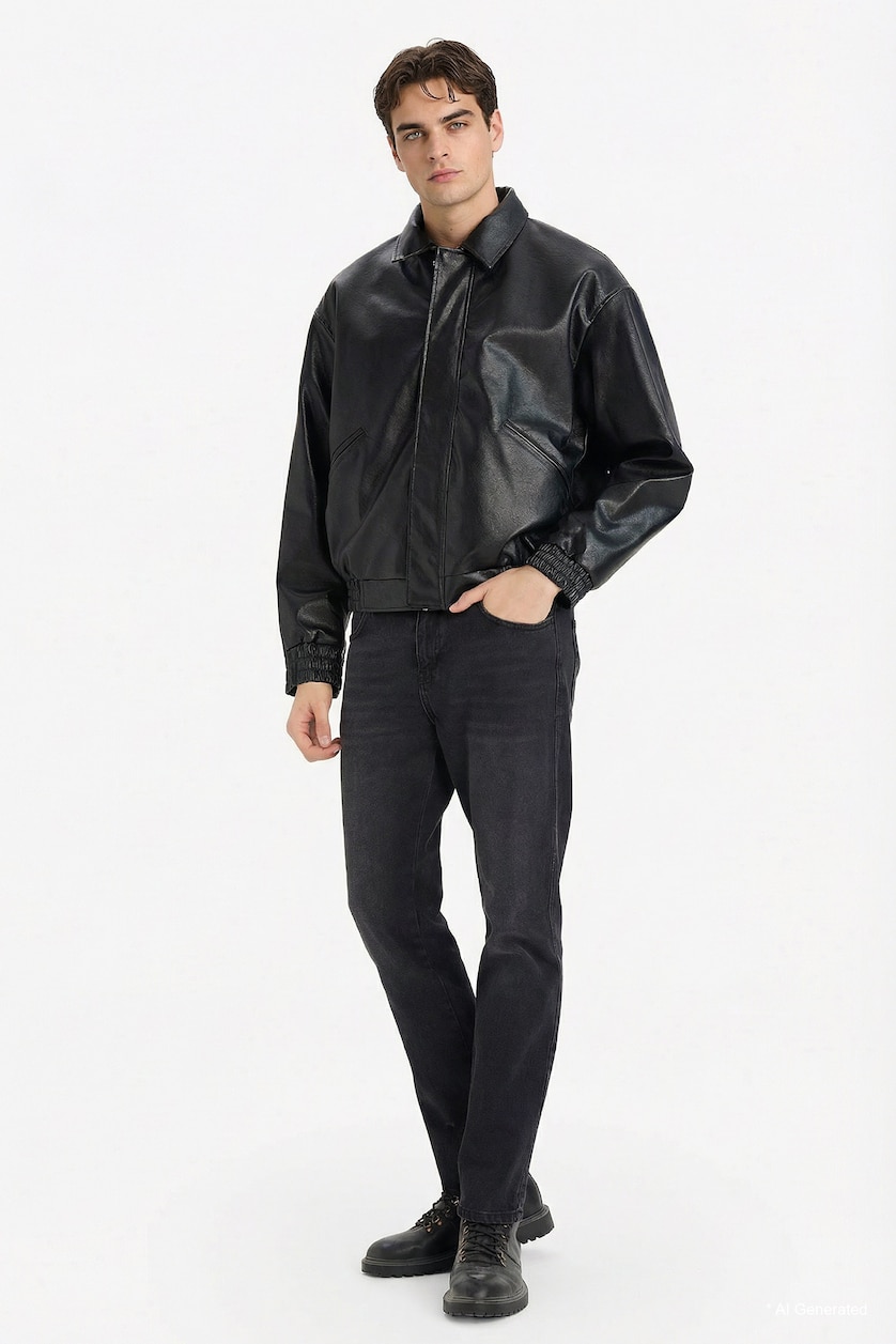 Erkek Siyah Oversize Suni Deri Ceket