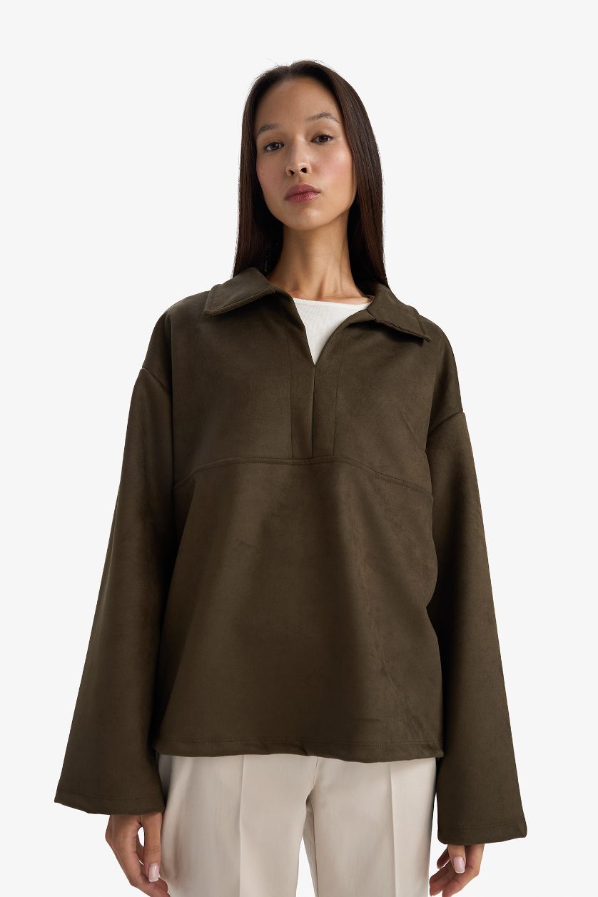 Woman Khaki تيشيرت ردن طويل شمواه اوفر سايز بياخة بولو