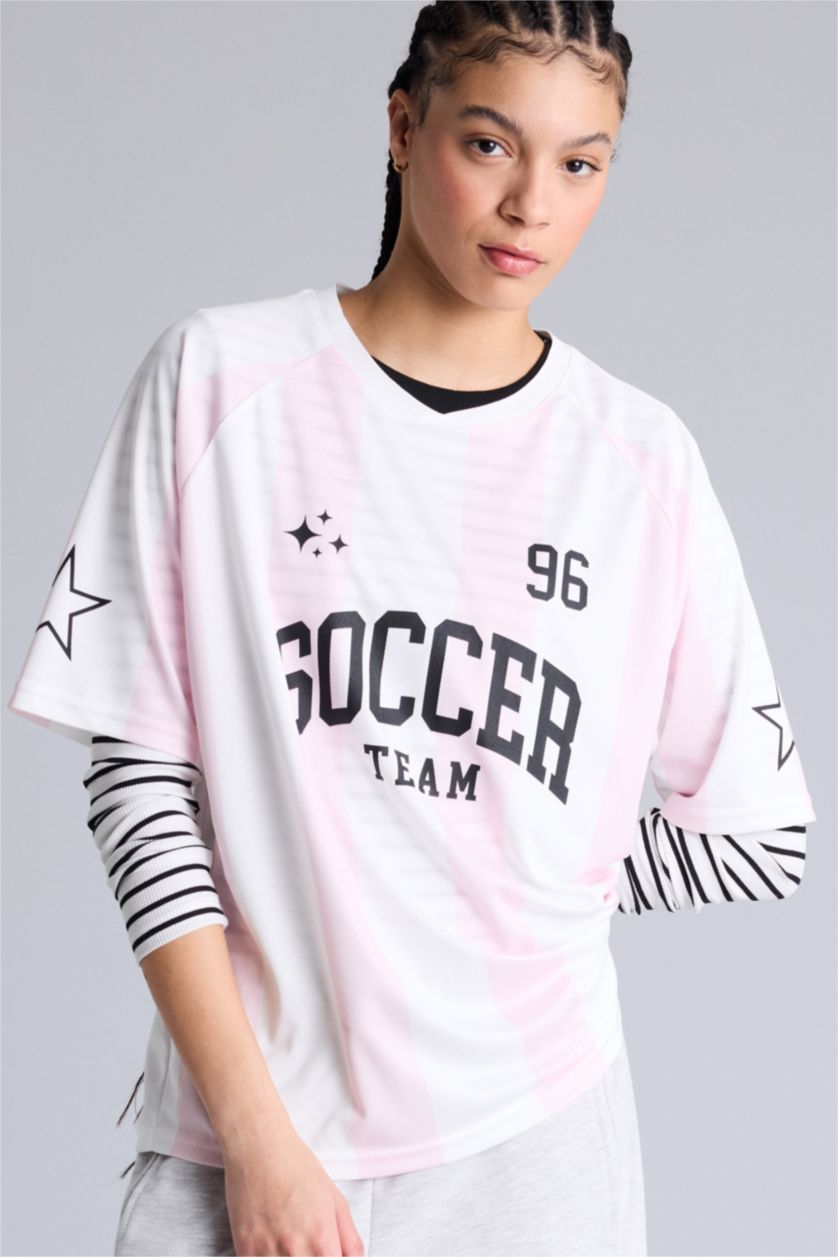 Kadın Ekru Oversıze Bisiklet Yaka Dijital Baskılı Baskılı Sporcu Tül Kısa Kollu Tişört