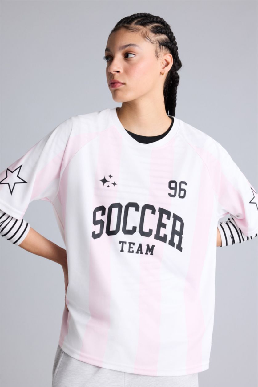 Kadın Ekru Oversıze Bisiklet Yaka Dijital Baskılı Baskılı Sporcu Tül Kısa Kollu Tişört