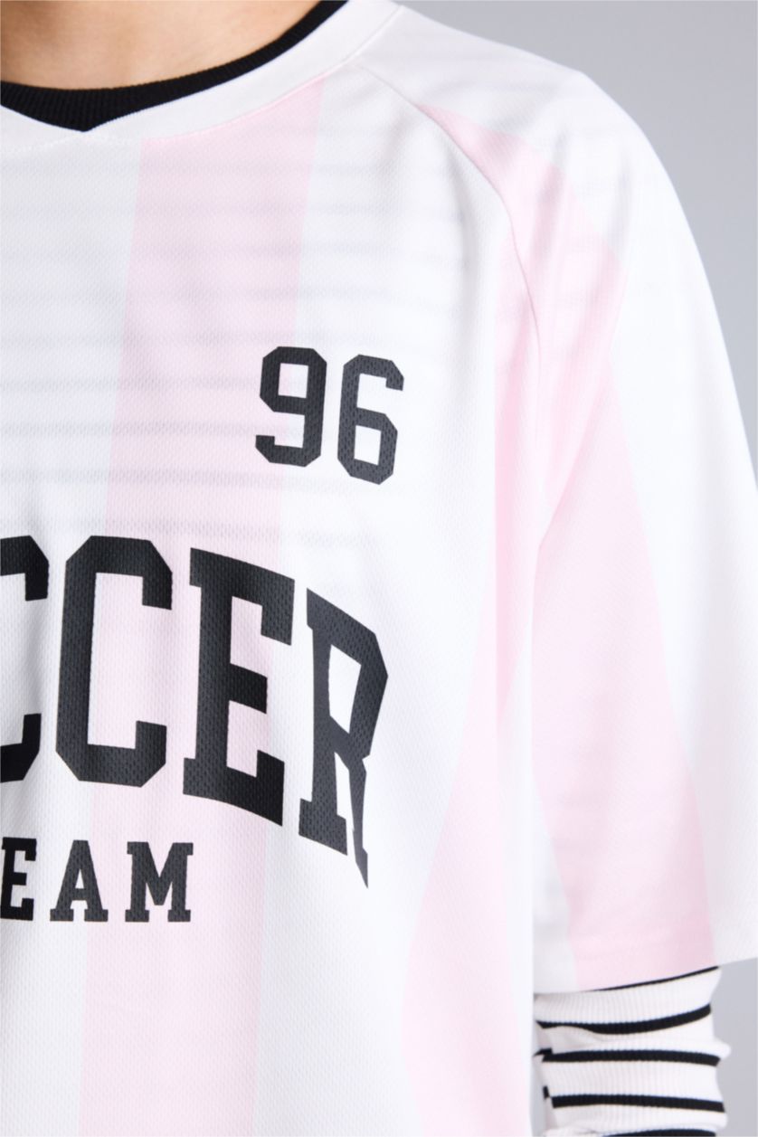 Kadın Ekru Oversıze Bisiklet Yaka Dijital Baskılı Baskılı Sporcu Tül Kısa Kollu Tişört