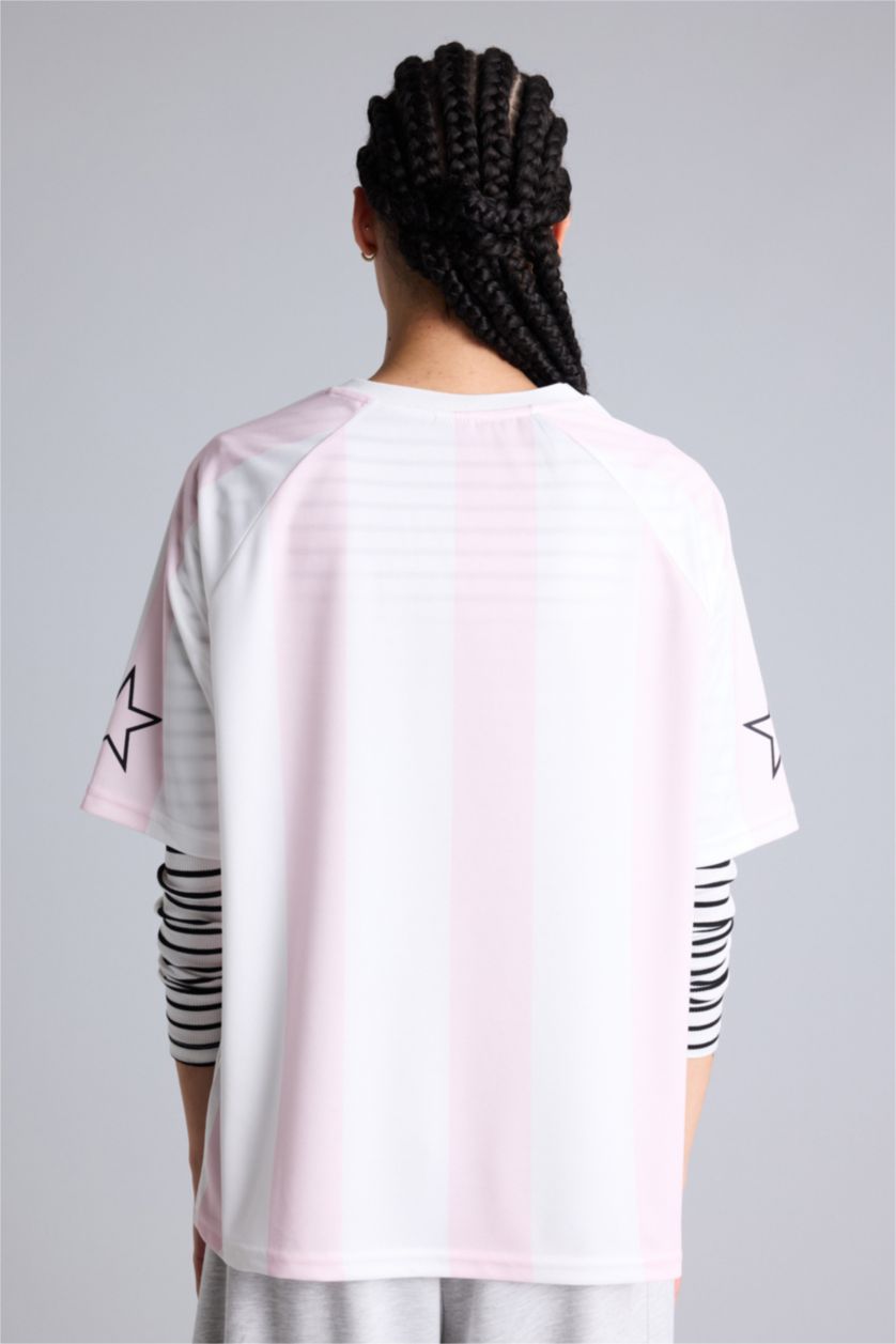 Kadın Ekru Oversıze Bisiklet Yaka Dijital Baskılı Baskılı Sporcu Tül Kısa Kollu Tişört