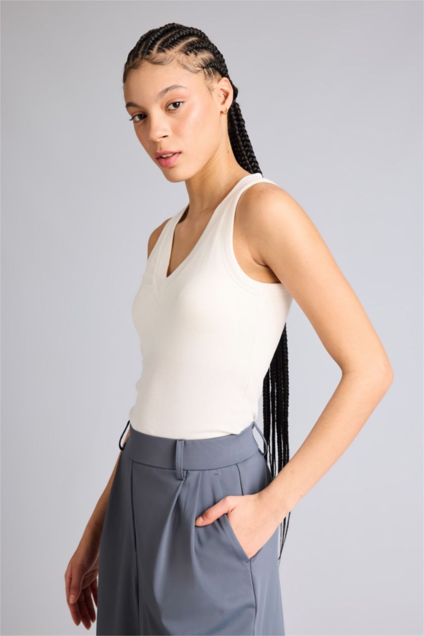 Женщины Бежевый Спортивная майка Slim Fit из модала с V-образным вырезом