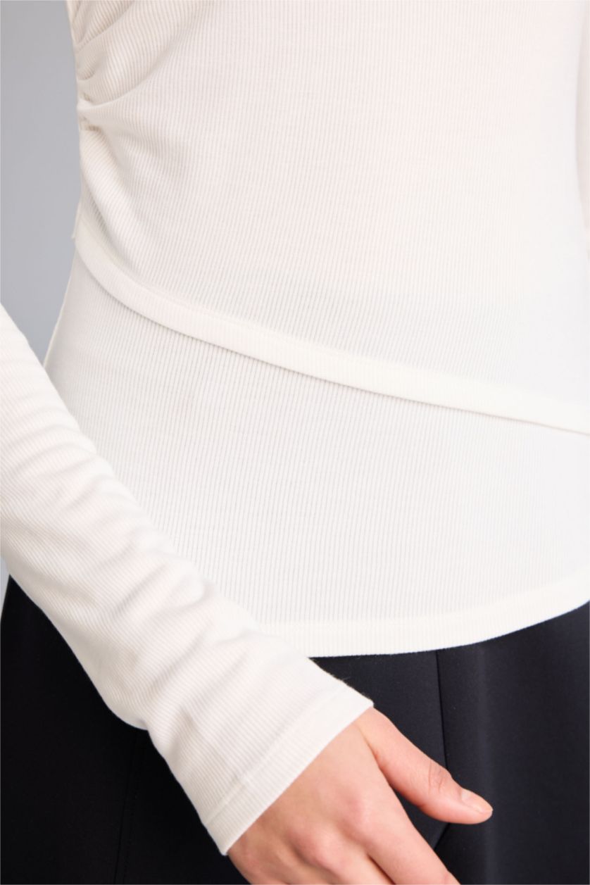 Женщины Бежевый Спортивная футболка Slim Fit из модала с круглым вырезом и длинным рукавом