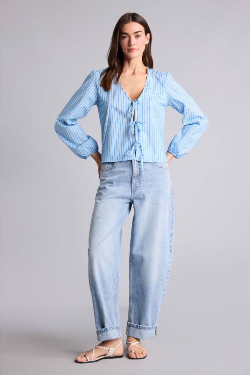 WOMAN Blue Regular Fit V-Neck Striped Long Sleeve Blouse