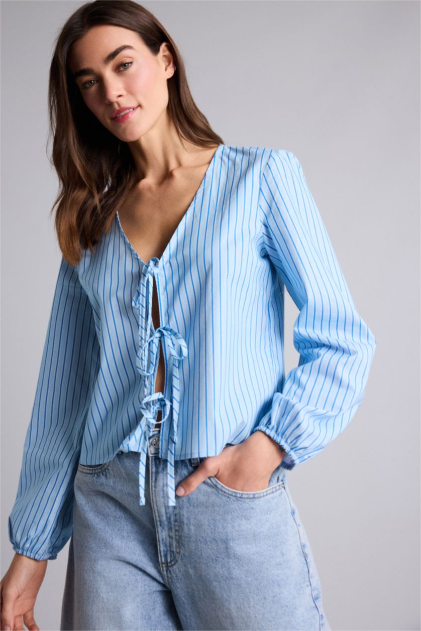 WOMAN Blue Regular Fit V-Neck Striped Long Sleeve Blouse