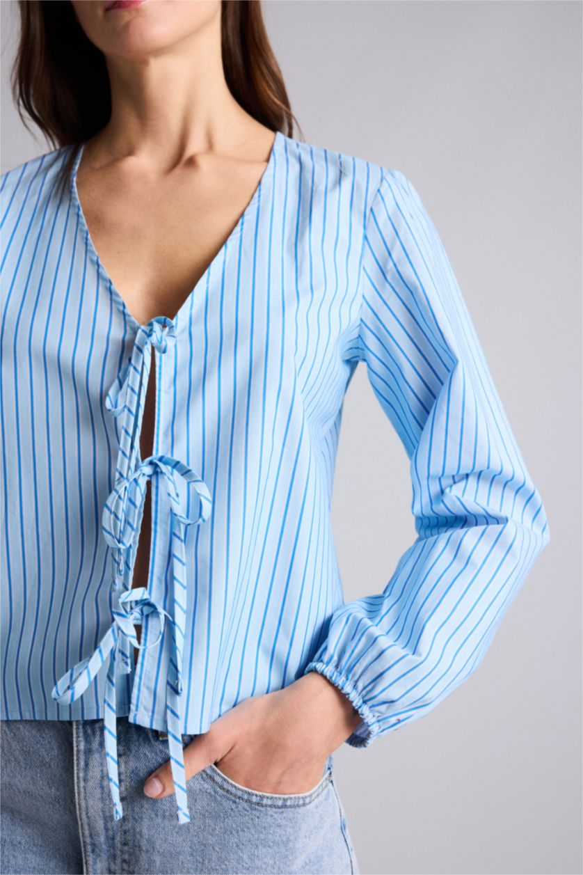 WOMAN Blue Regular Fit V-Neck Striped Long Sleeve Blouse