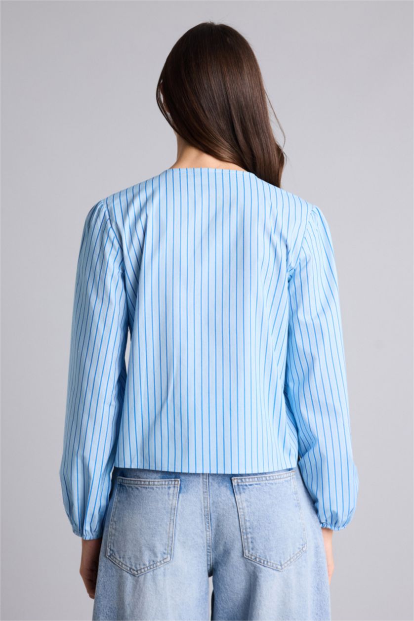 WOMAN Blue Regular Fit V-Neck Striped Long Sleeve Blouse