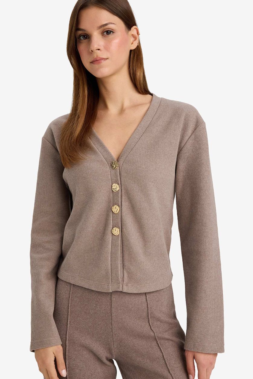 Woman Brown Relax Fit V Collar Cardigan
