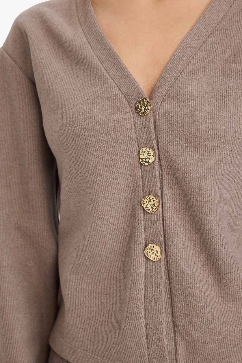 Woman Brown Relax Fit V Collar Cardigan
