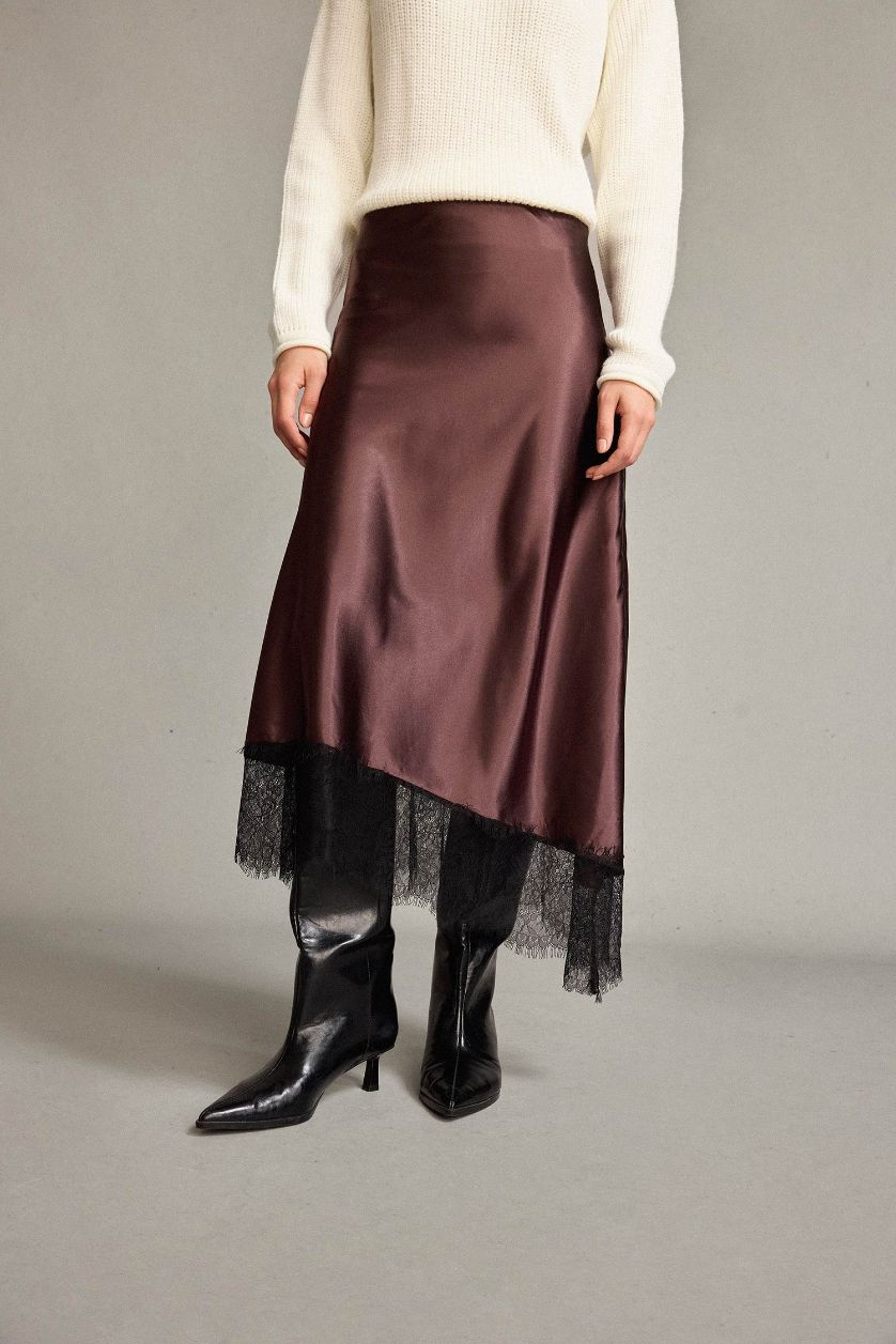 Woman Light Brown Satin Normal Waist Skirt