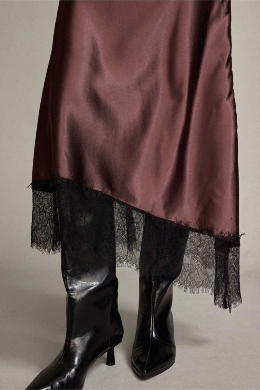 Woman Light Brown Satin Normal Waist Skirt